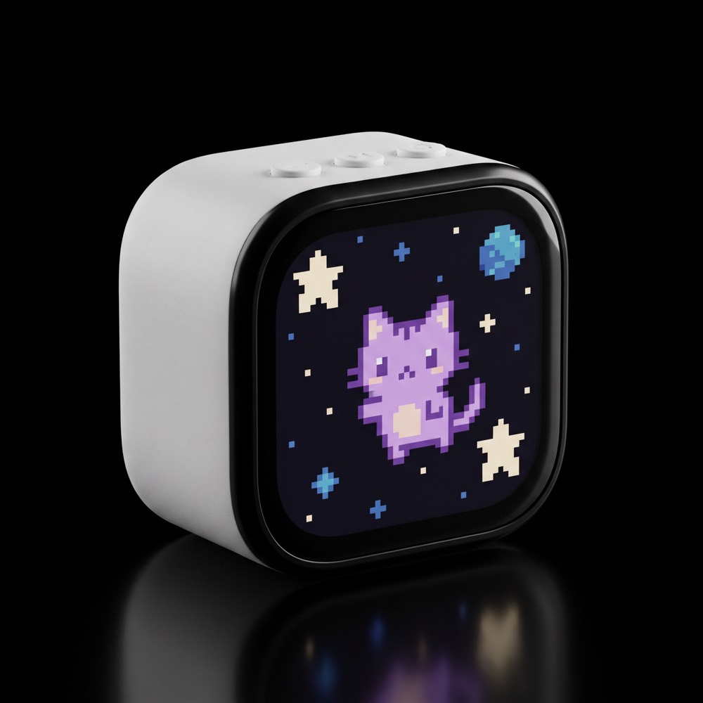 White cgotchi showing a pixel space cat